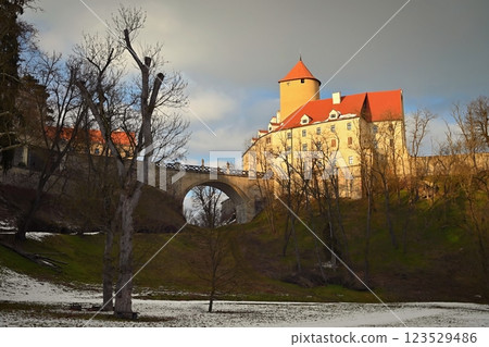 Beautiful Gothic castle Veveri. The city of Brno at the Brno dam. South Moravia - Czech Republic - Central Europe. Beautiful Gothic castle Veveri. The city of Brno at the Brno dam. South Moravia - Czech Republic - Central Europe. 123529486