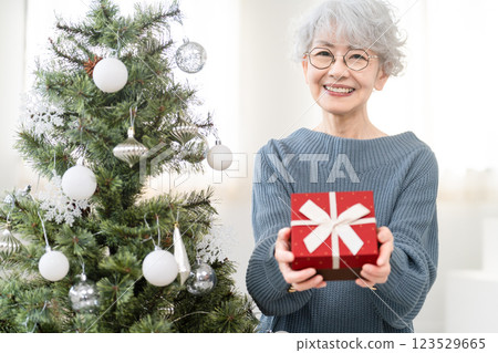 Senior woman holding a Christmas gift Senior woman holding a Christmas gift 123529665