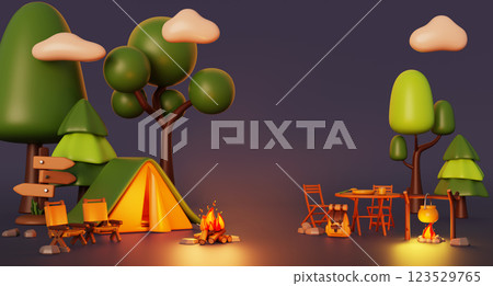 3d night camp in forest with campfire, tent, backpack. Render cartoon landscape with trees, stones, table, chairs, bowler on fire. Summer campsite, travel, hiking, activity vacation. 3D illustration 123529765