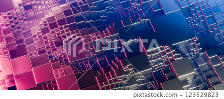 Futuristic geometric abstract background with metallic cubes in pink and blue neon light creating modern digital technology structure with reflections and depth. 3d illustration 123529823