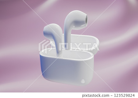 Wireless earbuds modern design white color with charging case minimal style digital art futuristic background music sound technology innovation gadget audio. 3d rendering 123529824