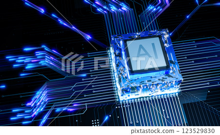 AI chip with glowing circuit board, futuristic processor, advanced microchip for artificial intelligence, digital innovation, cyber technology, blue electronic background AI chip with glowing circuit board, futuristic processor, advanced microchip for artificial intelligence, digital innovation, cyber technology, blue electronic background 123529830