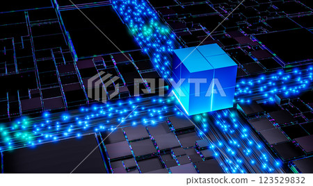 Quantum processor futuristic technology 3D illustration digital computing artificial intelligence cyber network glowing cube sci-fi chip innovation high-tech microchip, AI futuristic circuit Quantum processor futuristic technology 3D illustration digital computing artificial intelligence cyber network glowing cube sci-fi chip innovation high-tech microchip, AI futuristic circuit 123529832