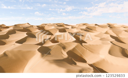 Golden sand dunes under blue sky with sunlight and shadows in vast desert landscape with smooth shapes and wavy patterns on hot summer day Golden sand dunes under blue sky with sunlight and shadows in vast desert landscape with smooth shapes and wavy patterns on hot summer day 123529833