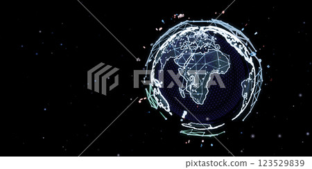 Digital holographic Earth with glowing lines, futuristic global network, technology concept, abstract world map, data visualization, cyber space, high-tech planet, modern science 123529839