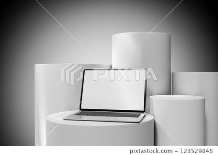 Mockup laptop modern design silver color minimal style blank screen digital art futuristic background technology innovation workspace business device. 3d rendering Mockup laptop modern design silver color minimal style blank screen digital art futuristic background technology innovation workspace business device. 3d rendering 123529848