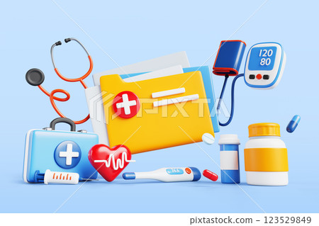 Ambulance medical equipment 3d render. Health record, first aid medicine bag, stethoscope, tonometer, thermometer, syringe, pills and heartbeat on blue background. Emergency service. 3D illustration Ambulance medical equipment 3d render. Health record, first aid medicine bag, stethoscope, tonometer, thermometer, syringe, pills and heartbeat on blue background. Emergency service. 3D illustration 123529849