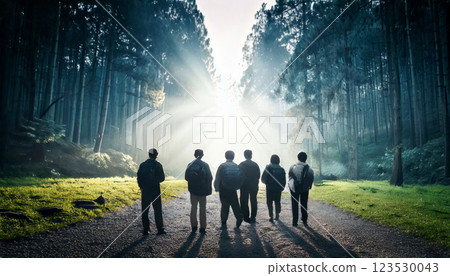 Young people walking towards the light in the forest, generative AI_wide 123530043