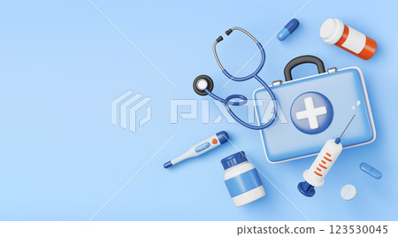 3d medical equipment banner. Doctor bag with first aid medicine, stethoscope, thermometer, syringe, bottle with pill and drug on blue render background. Ambulance service, healthcare. 3D illustration 3d medical equipment banner. Doctor bag with first aid medicine, stethoscope, thermometer, syringe, bottle with pill and drug on blue render background. Ambulance service, healthcare. 3D illustration 123530045