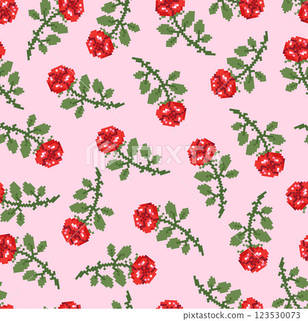 Seamless pattern with pixel flowers roses and leaves. Hand drawn vector illustration in pixel style for wrapping paper, textile, fabric. Seamless pattern with pixel flowers roses and leaves. Hand drawn vector illustration in pixel style for wrapping paper, textile, fabric. 123530073