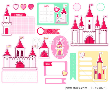 Set of pink castle stickers for girl. Collection of cute eye-catching tag, label with cartoon princess castle. Fantasy fairy tale palace. Magic kingdom decor elements for scrapbooking. Vector EPS8 123530250