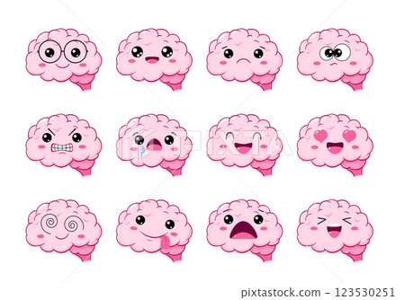 Set of Kawaii Brain Character. Collection of cartoon human brains with different mood. Set of cute brainy characters in different expressions - happy, sad, cry, fear. Vector illustration EPS8 Set of Kawaii Brain Character. Collection of cartoon human brains with different mood. Set of cute brainy characters in different expressions - happy, sad, cry, fear. Vector illustration EPS8 123530251