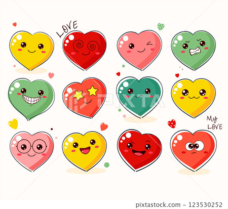 Cute Valentine heart in kawaii style. Collection of heart-shaped emoticons with different mood. Set of cute funny hearts with emoji faces in different expressions. Vector illustration EPS8 123530252