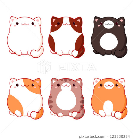 Set of cute fat cats kawaii style. Collection of lovely kitty of various colours. Baby set with little pets. Can be used for t-shirt print, sticker, greeting card design. Vector illustration EPS8 123530254