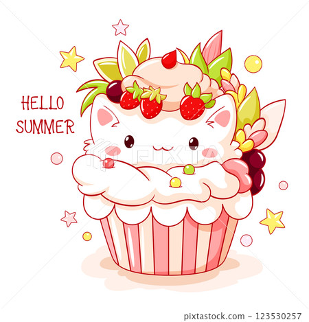 Summer card with cute dessert in kawaii style. Little cat and cupcake with whipped cream and strawberry. Inscription Hello summer. Can be used for t-shirt print, sticker, greeting card. Vector EPS8 Summer card with cute dessert in kawaii style. Little cat and cupcake with whipped cream and strawberry. Inscription Hello summer. Can be used for t-shirt print, sticker, greeting card. Vector EPS8 123530257