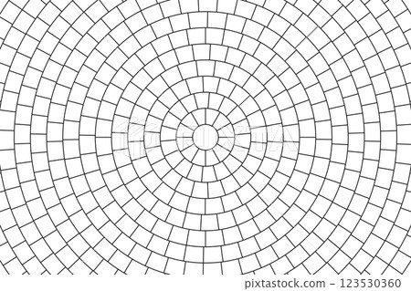 Paved circle pattern tile background. Circular brick mosaic. Round radial stone pavement. Paving tile simple floor texture. Black line. Vector illustration isolated on white background 123530360