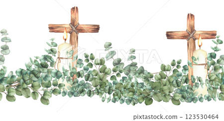 Burning candle with wooden Cross and Eucalyptus silver dollar plant green branches seamless border. Church Watercolor painted illustration isolated from background for first communion, Easter pattern. 123530464