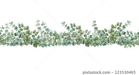 Eucalyptus green leaves branches seamless border. Greenery Watercolor pattern silver dollar tree twigs hand drawn botanical illustration for church, baptism fabric design isolated from background  123530465