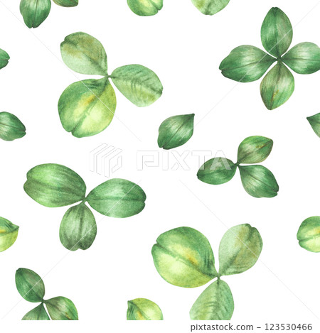 Clover green leaves watercolor seamless pattern. Botanical hand drawn realistic illustration. Wildflowers leaf, floral good luck, St Patricks Day symbol for fabric, package. Isolated from background  123530466