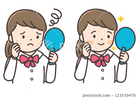 Before and after illustration of a female junior high school student suffering from acne 123530470