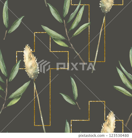 Golden Cross with olive tree branch and Pampas grass seamless pattern. Watercolor painted illustration. Cross silhouette with green dry herbs. Fabric for baptism, Easter on isolated dark background Golden Cross with olive tree branch and Pampas grass seamless pattern. Watercolor painted illustration. Cross silhouette with green dry herbs. Fabric for baptism, Easter on isolated dark background 123530480