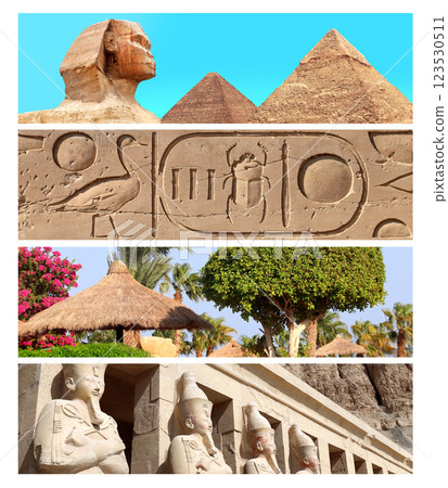 Collection of horizontal banners with famous landmarks of Egypt. Topic of summer vacation, travel, trip abroad on vacation, cruises and tours Collection of horizontal banners with famous landmarks of Egypt. Topic of summer vacation, travel, trip abroad on vacation, cruises and tours 123530511