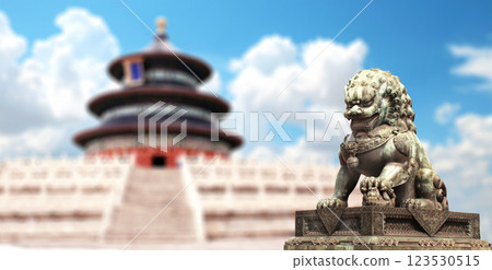 Horizontal banner with Temple of Heaven and ancient chinese lion statue, Beijing. Bronze guardian lion, Tian Tan (Hall of Prayer for Good Harvests), China. Topic of vacation, travel, cruises, tours Horizontal banner with Temple of Heaven and ancient chinese lion statue, Beijing. Bronze guardian lion, Tian Tan (Hall of Prayer for Good Harvests), China. Topic of vacation, travel, cruises, tours 123530515