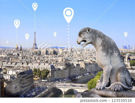 Planning a tourist trip. Aerial view of Paris (from Notre Dame de Paris) and location pins. Global positioning system pin map. Travel way, point navigation concept. Modern travel, sightsee, tourism 123530516