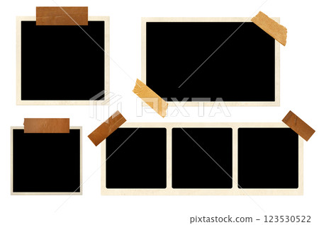 Set of empty retro photo, adhesive tape strips. Photograph blank element for scrapbooking. Masking tape part and vintage photoframe. Isolated on white background. Picture album template and duct tape 123530522