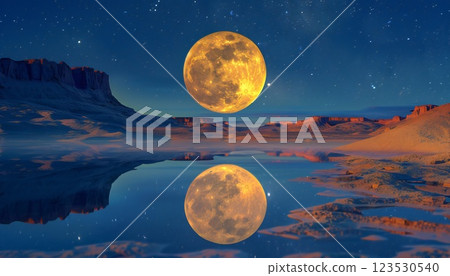 A desert landscape awakes under the glow of a golden full moon, with a starry sky and mirrored reflections 123530540