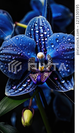 a blue orchid with raindrops. Close-up. Macro photography. Vertical image. one flower a blue orchid with raindrops. Close-up. Macro photography. Vertical image. one flower 123530595