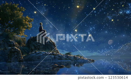 Man on a rock, captivated by the celestial display Man on a rock, captivated by the celestial display 123530614