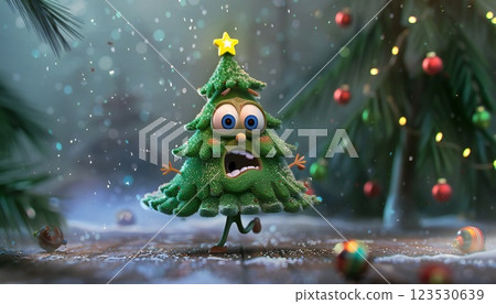 A scared cartoon Christmas tree character in motion 123530639