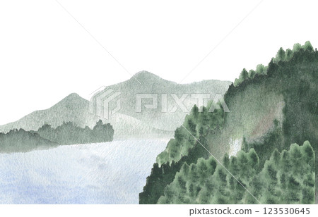 Lake surrounded by lush green forests and misty mountains watercolor landscape isolated on white. Water surface and tree canopies hand drawn for nature designs, postcards. Norwegian Fjords sketch art 123530645