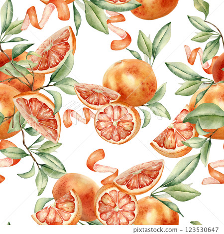 Citrus trees and fruits on seamless pattern isolated. Watercolor grapefruits, citrus slices, green foliage hand drawn. Summer designs on repeated texture. Tropical background for packaging, textiles. Citrus trees and fruits on seamless pattern isolated. Watercolor grapefruits, citrus slices, green foliage hand drawn. Summer designs on repeated texture. Tropical background for packaging, textiles. 123530647