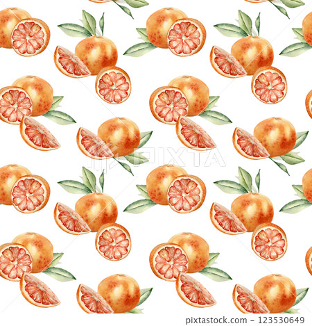 Grapefruits whole and segments by watercolor on repeated pattern isolated. Red oranges and leaves hand drawn. Juicy summer seamless background with citrus in botanical style for packaging, textile. 123530649