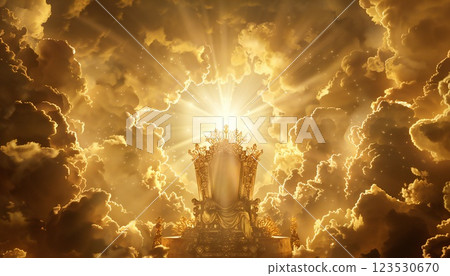 Majestic golden throne of God amidst heavenly clouds and divine light 123530670