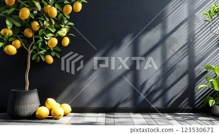 Living room interior design with lemon wood accents on black wall, background with copy space 123530671