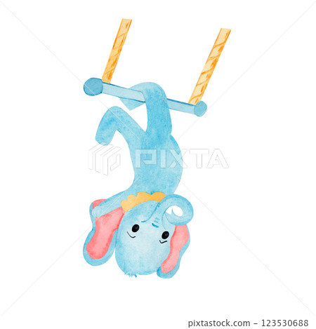 Watercolor cute elephant of a circus trapeze artist. Illustrated composition isolated on white background. Hand drawn illustration for kids and nursery, invitations, card templates, birthday cards. Watercolor cute elephant of a circus trapeze artist. Illustrated composition isolated on white background. Hand drawn illustration for kids and nursery, invitations, card templates, birthday cards. 123530688