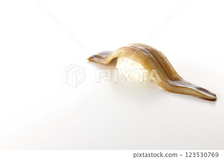 A single piece of conger eel sushi photographed on a white background 123530769