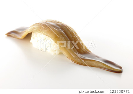 A single piece of conger eel sushi photographed on a white background 123530771