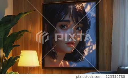 Image of a girl's portrait painting displayed in an apartment's living room 123530780