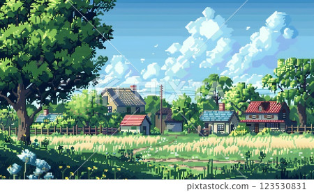 Nostalgic scene of a peaceful countryside with pixelated trees, houses, and fields 123530831