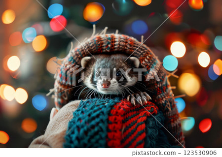 a ferret plays on a festive background.ai generative 123530906
