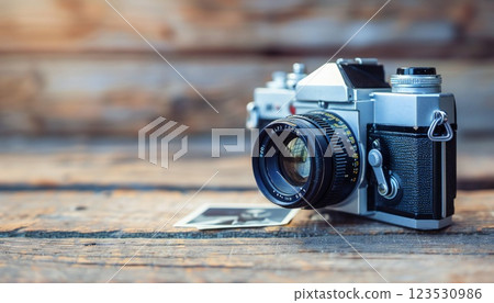 Retro film camera on a wooden table, with scattered faded photographs 123530986
