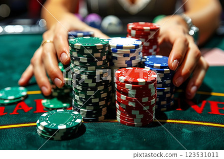 Poker chips on blur background. Generation AI 123531011
