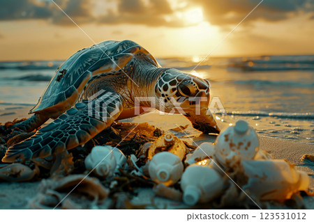 turtle diverse plastics looking with a judging face. Sea pollution and contamination concept. Generative AI. 123531012