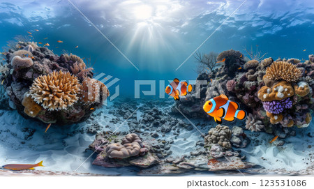 Exploring nemo fish Nature's Splendid Underwater Reef: A Colorful World of Corals, Tropical Fish, and Ocean Life. Generative AI 123531086