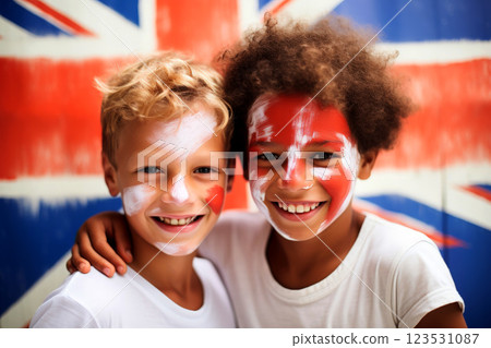 England child Supporter with Flag Face Paint . .Generative AI 123531087