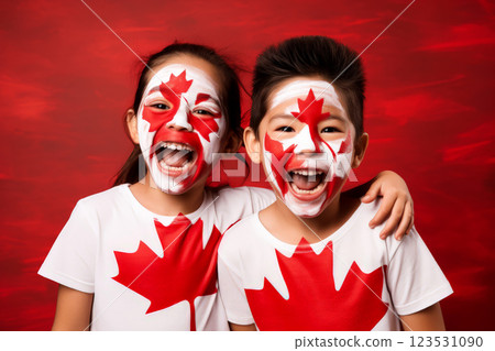 Canada child Supporter with Flag Face Paint . .Generative AI 123531090